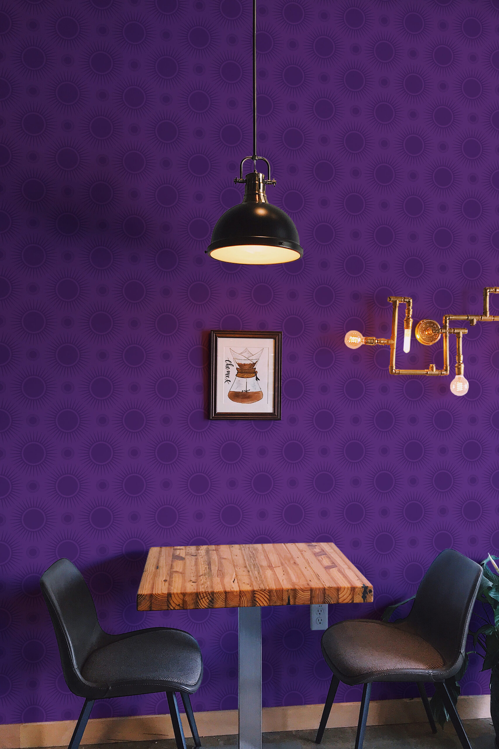 Bold Purple Sunburst non-pasted wallpaper with an all-over sunburst circle pattern on a feature wall behind a table.