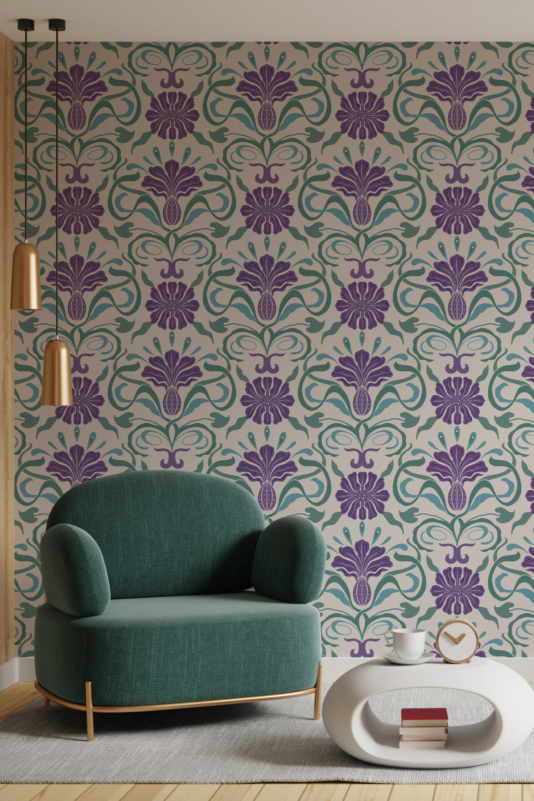 Art Nouveau Purple Floral is shown as self-adhesive wallpaper with purple blooms and teal vines on a warm gray wall behind a chair.