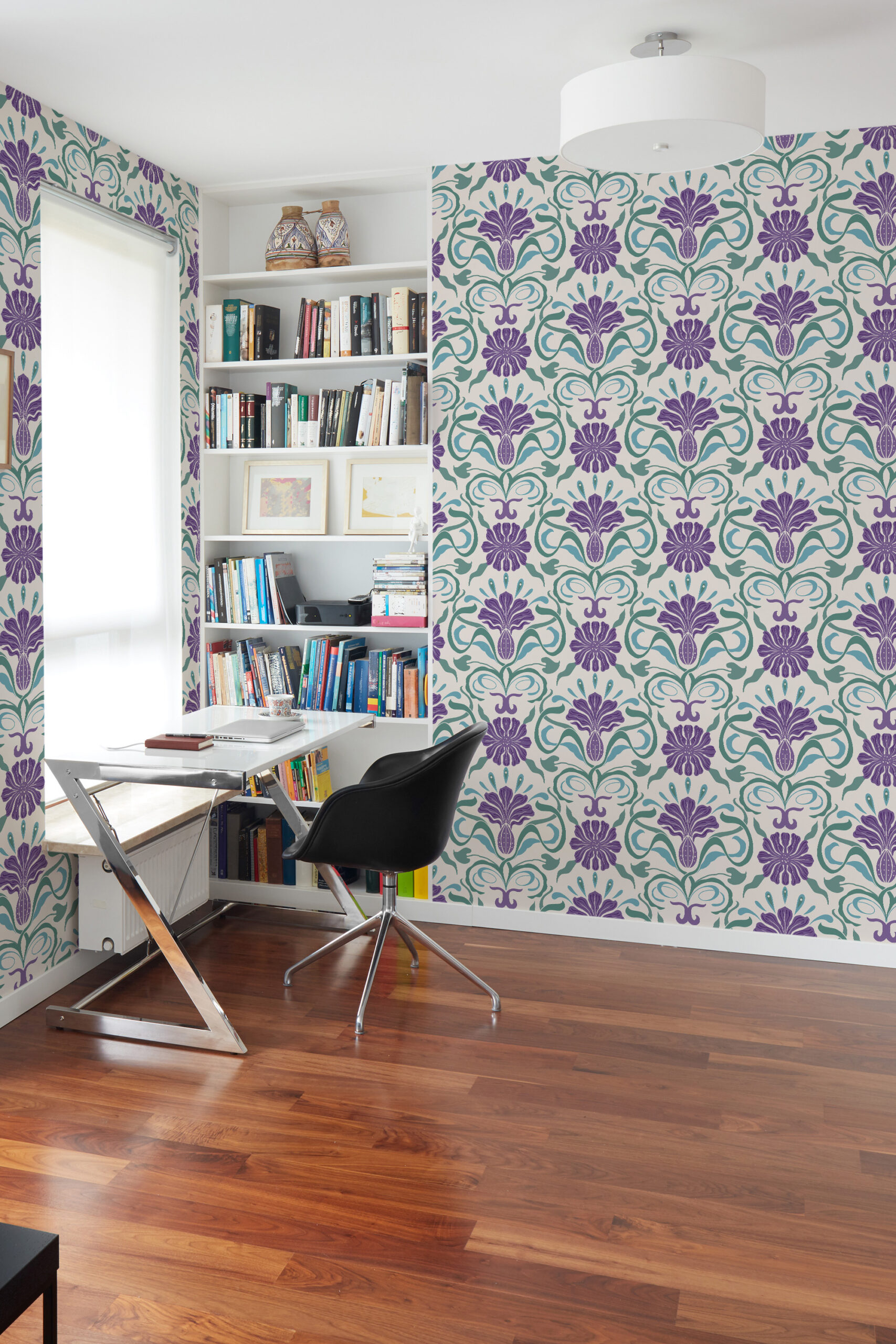 Art Nouveau Purple Floral non-pasted wallpaper with purple blooms and teal vines on a light background for an office wall.