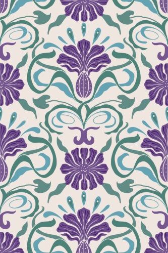 Art Nouveau Purple Floral removable wallpaper with purple blooms and teal vine scrolls on a pale cream background.