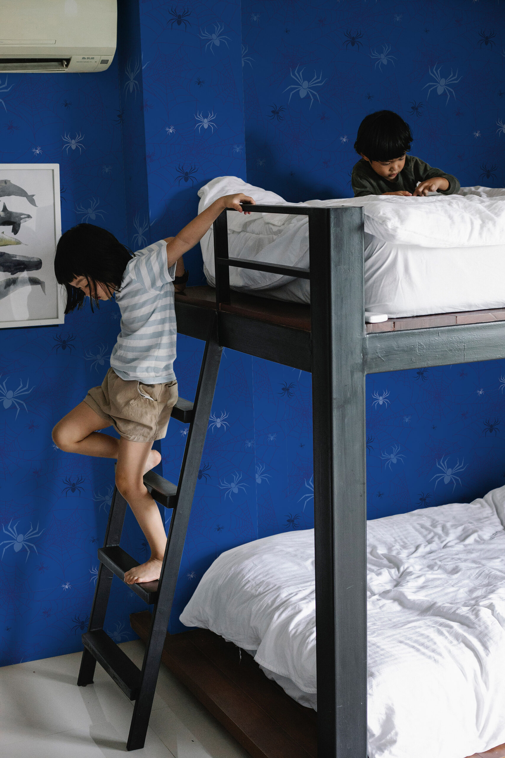 Blue Spider Pattern self-adhesive wallpaper covering a kid's bedroom wall behind a dark bunk bed with white bedding.