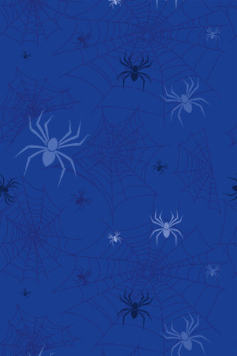 Blue Spider Pattern shows overlapping spiderwebs and scattered spiders in deep blue tones on removable wallpaper.