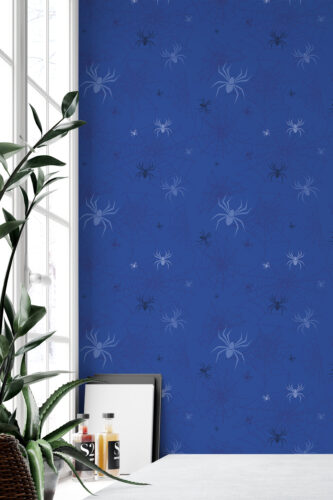 Blue Spider Pattern peel and stick wallpaper with layered spiderwebs and spiders in dark and light blue tones.