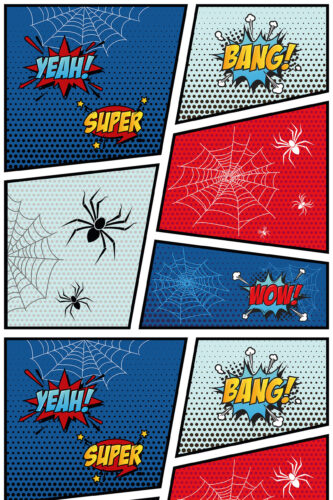 Bold Blue Comic Words removable wallpaper with pop-art panels, spiderwebs, and comic words like YEAH, BANG, SUPER, and WOW.