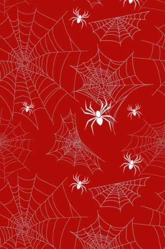 Bold Red Spider removable wallpaper with white spiderwebs and small spiders scattered across a bright red background.