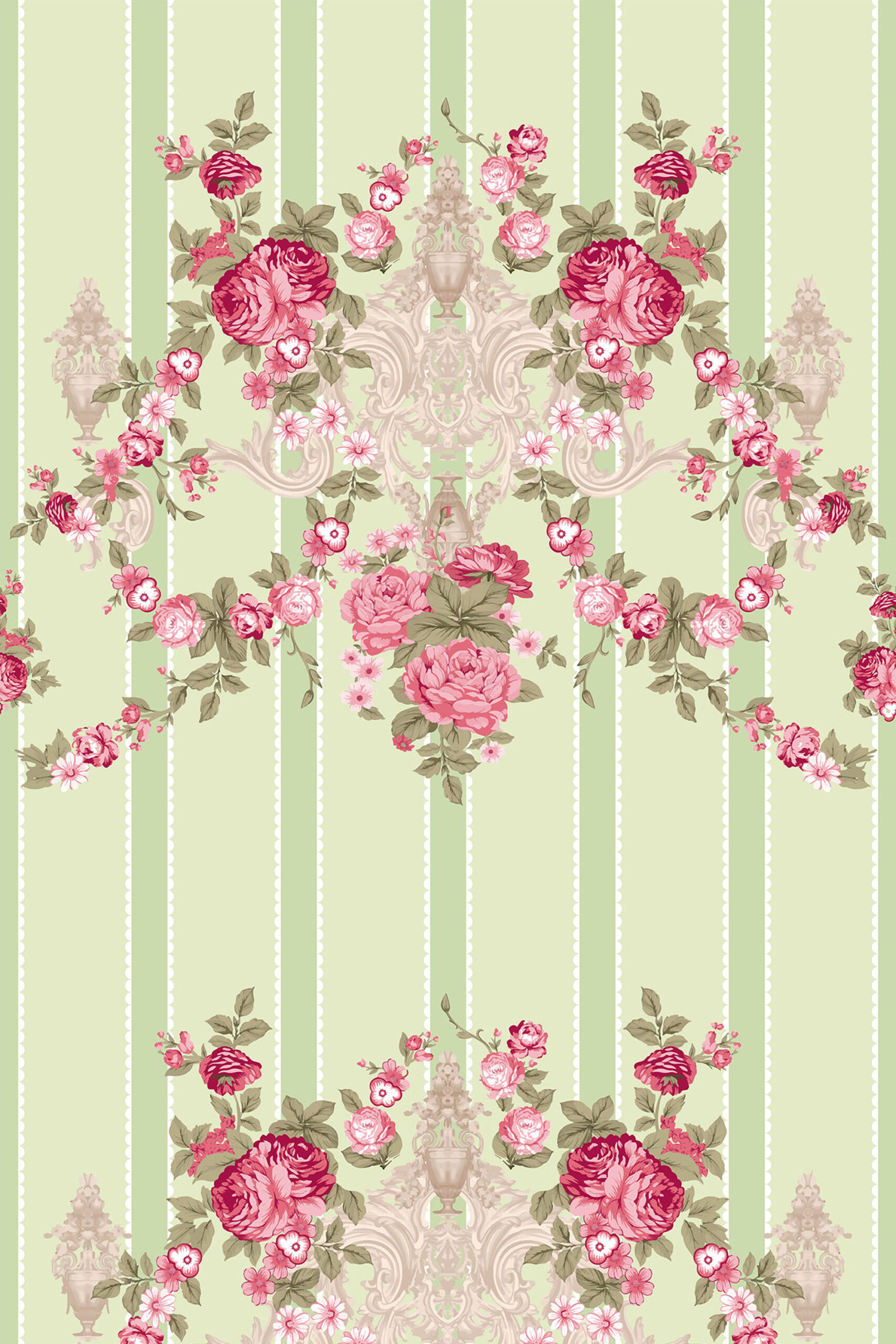 Vintage Floral Stripe removable wallpaper with vertical sage stripes, scalloped trim, and pink rose bouquets with leafy garlands.