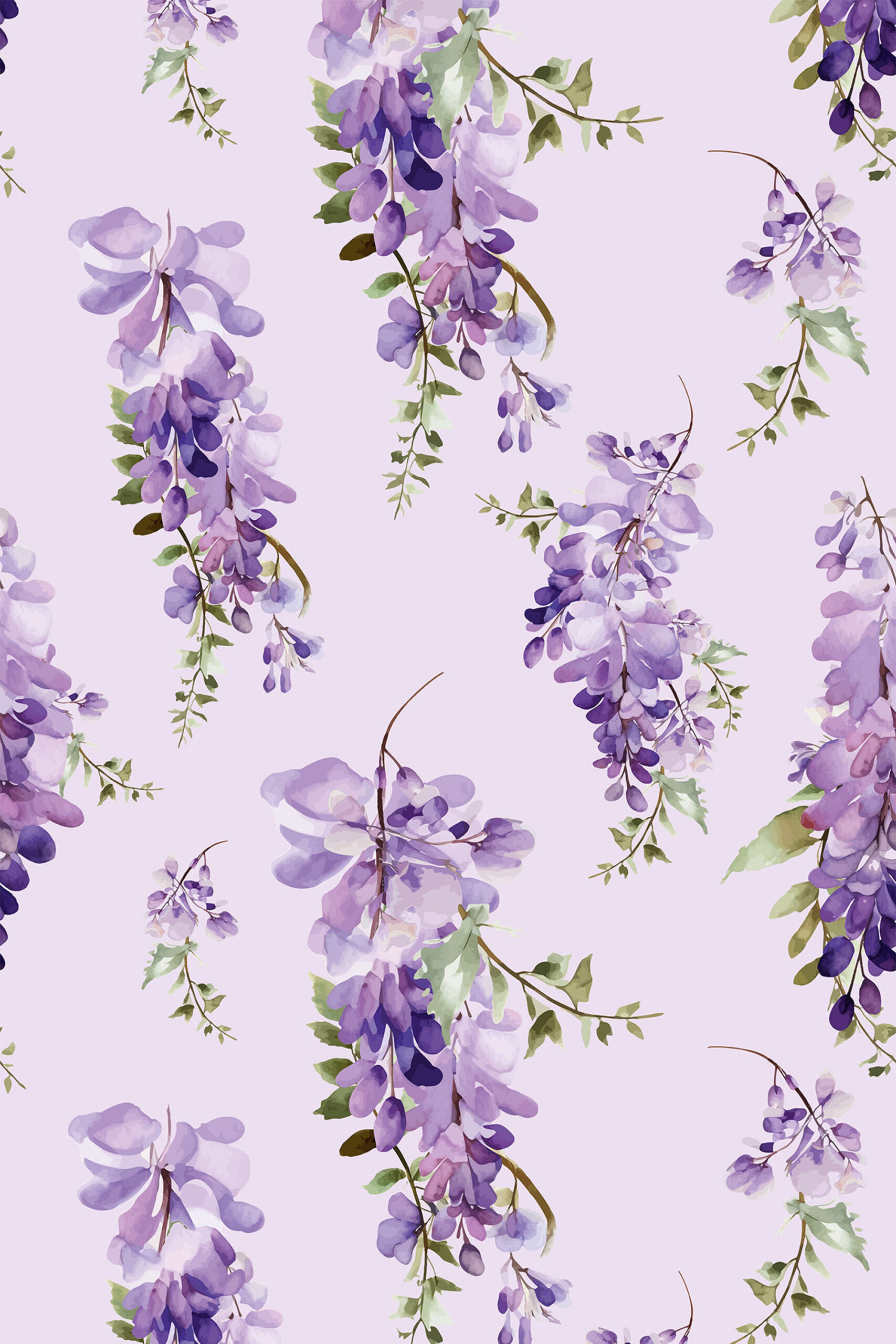 Delicate Purple Wisteria removable wallpaper with cascading watercolor wisteria blooms in lavender and violet on a pale pink backdrop.