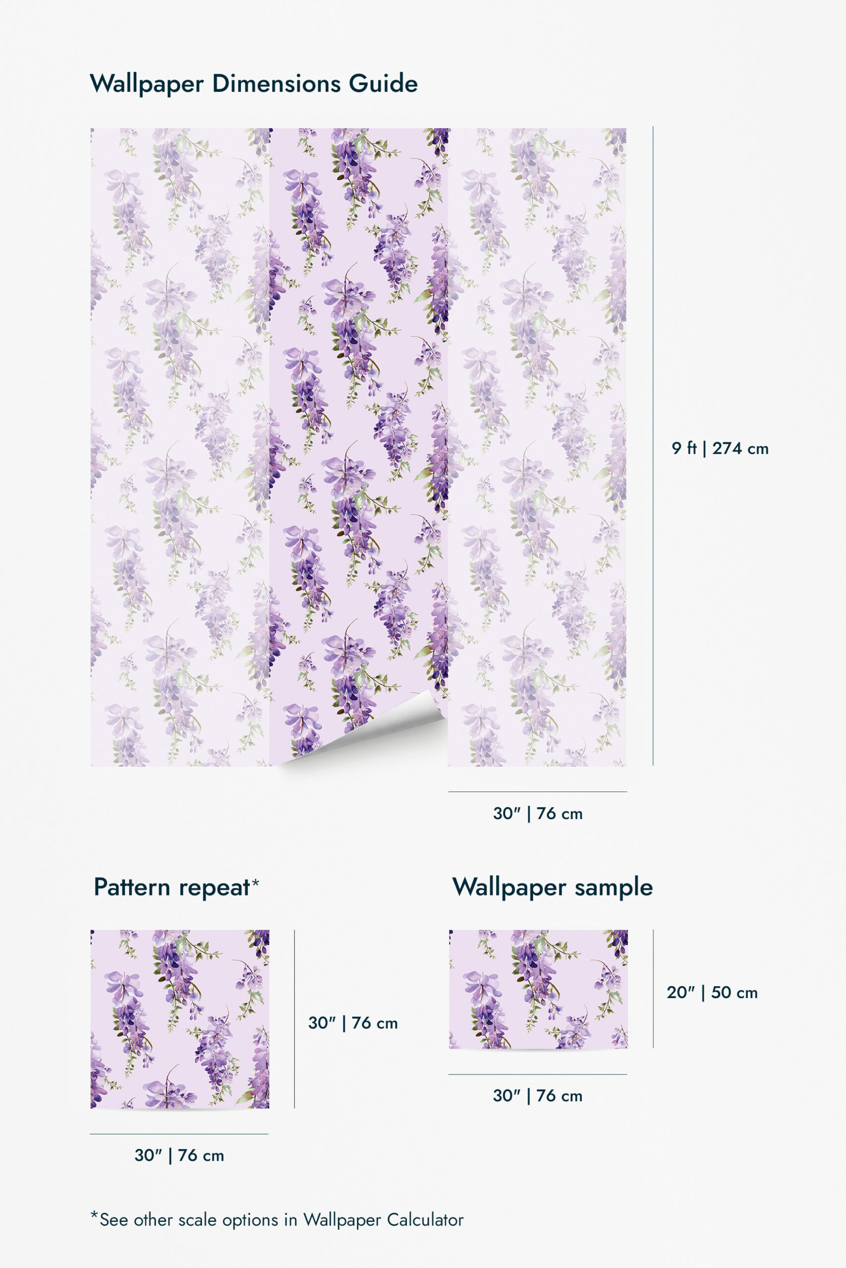 Delicate Purple Wisteria shows a wallpaper dimensions guide featuring cascading lavender wisteria vines on a pale background.