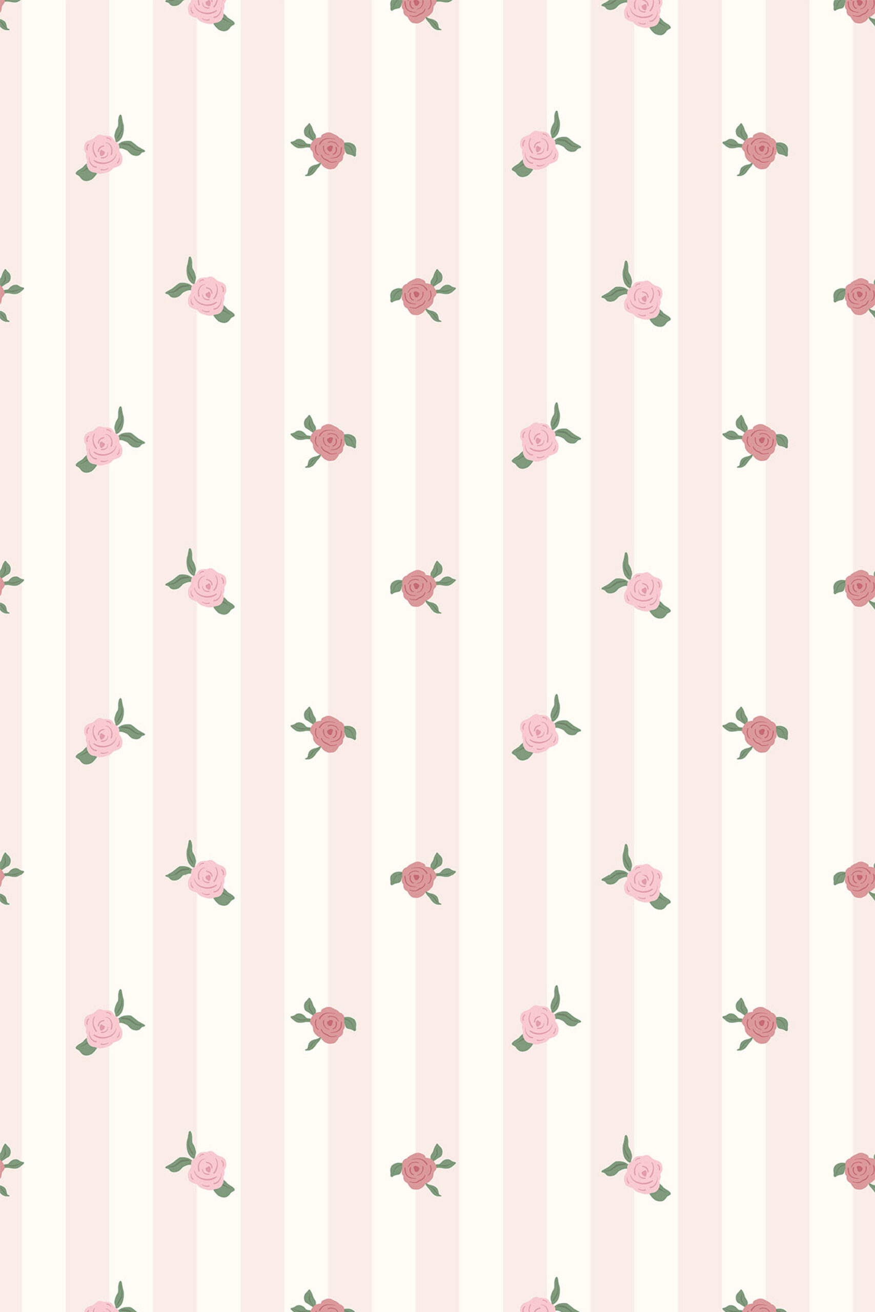 Vintage Pink Rose Stripe removable wallpaper with soft vertical blush stripes and scattered pink roses with green leaves.