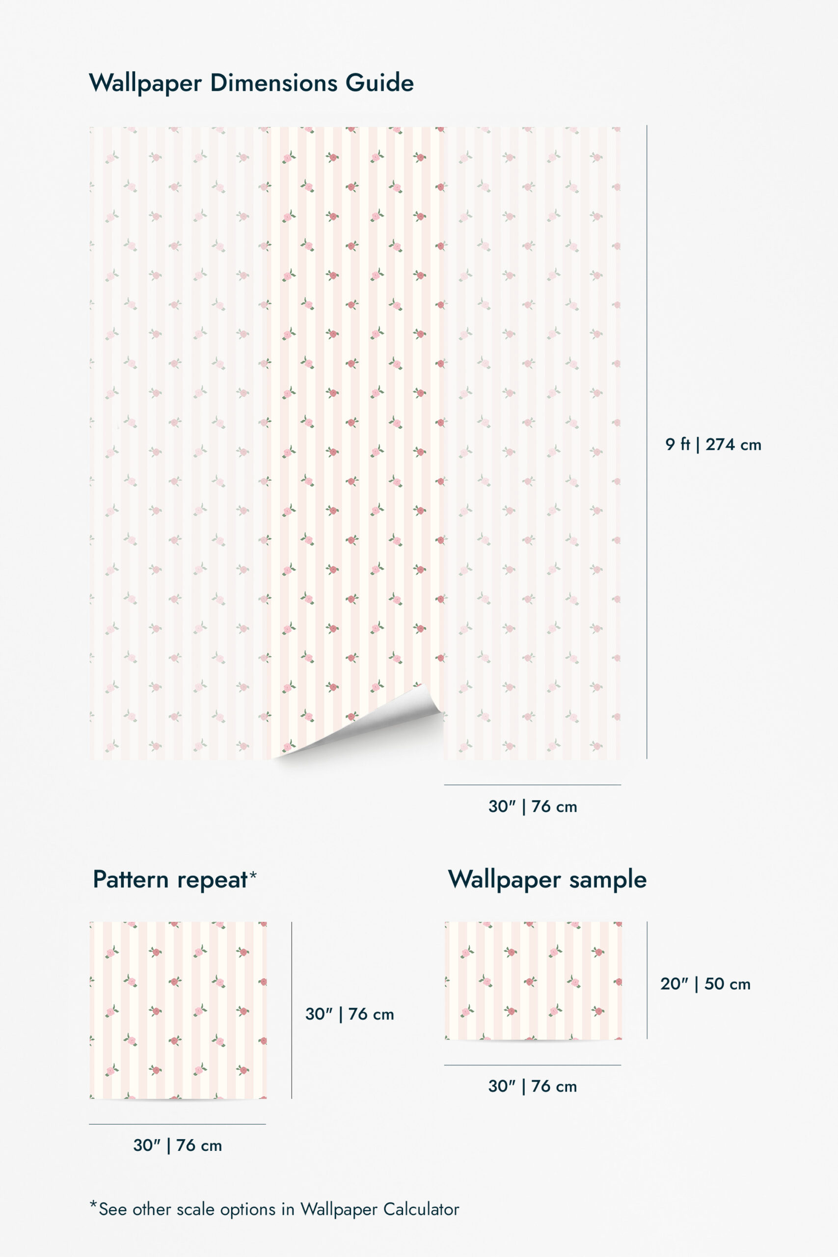 Vintage Pink Rose Stripe wallpaper for walls shown in a dimensions guide with 9 ft by 30 in panels and a 20 in by 30 in sample.