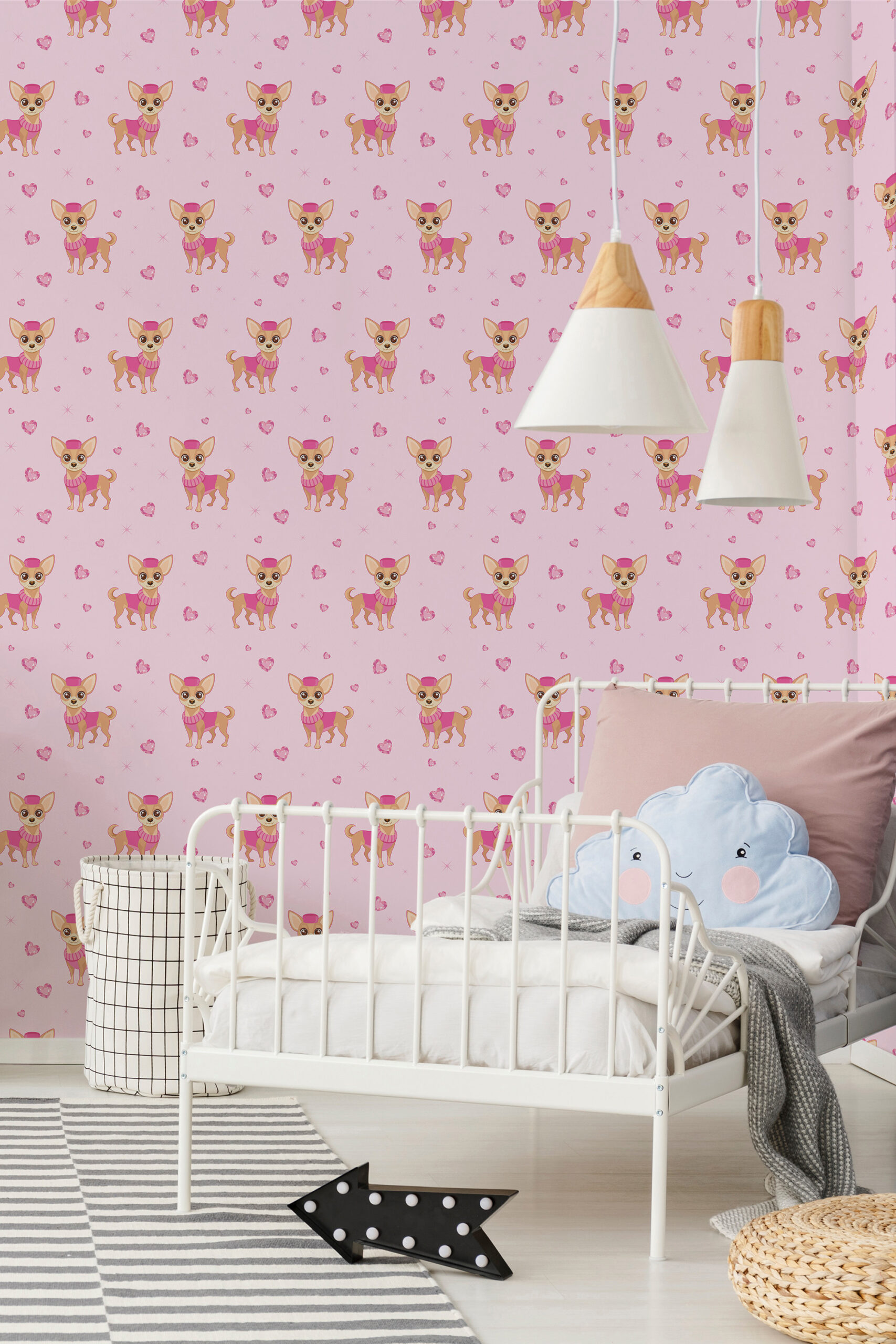 Cute Chihuahua Pink non-pasted wallpaper with cartoon chihuahuas, hearts, and sparkles on a soft pink wall in a nursery.