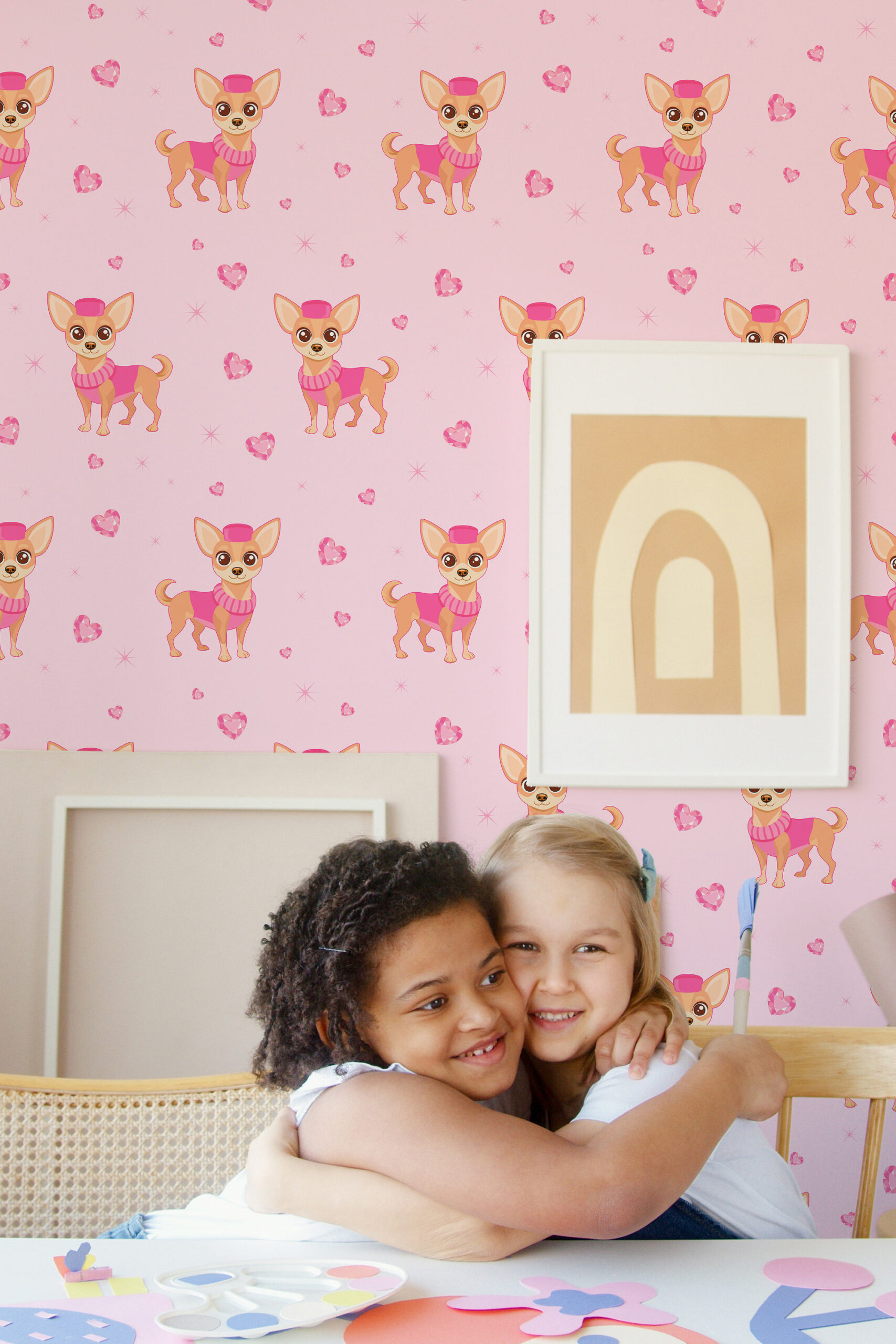 Cute Chihuahua peel and stick wallpaper with cute chihuahua illustrations, pink hearts, and small starbursts on a pale pink background.