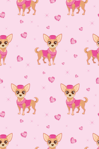 Cute Chihuahua removable wallpaper with cute cartoon chihuahuas in pink sweaters, hearts, and sparkles on pale pink.
