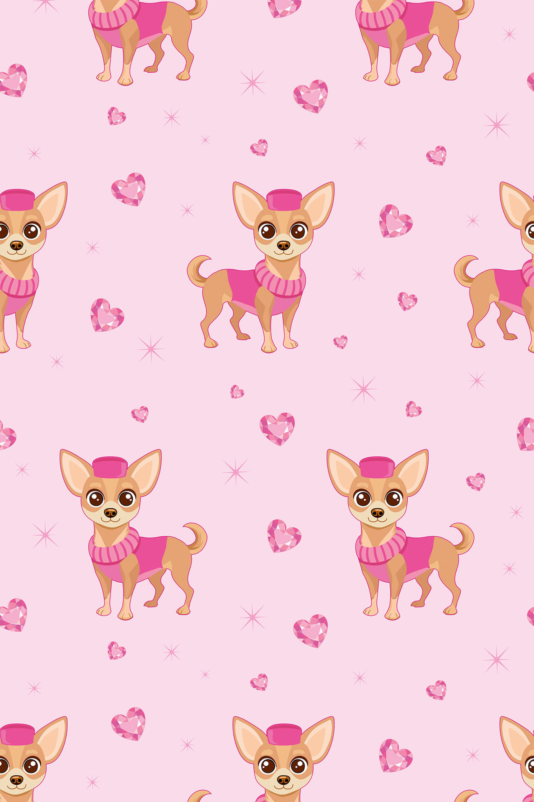 Cute Chihuahua removable wallpaper with cute cartoon chihuahuas in pink sweaters, hearts, and sparkles on pale pink.