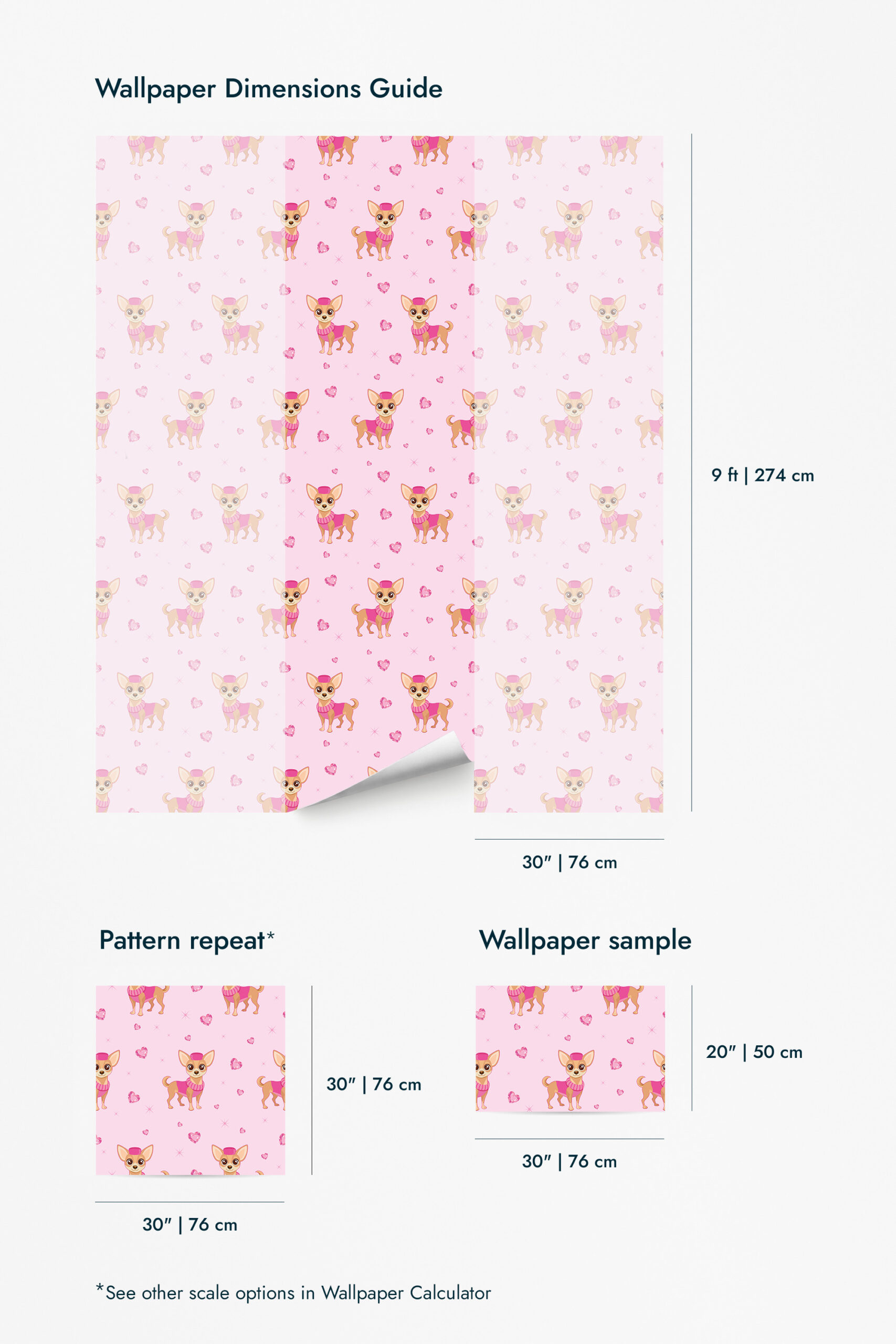 Cute Chihuahua wallpaper for walls shown in a dimensions guide with pink chihuahuas, hearts, and sparkles on pale pink.