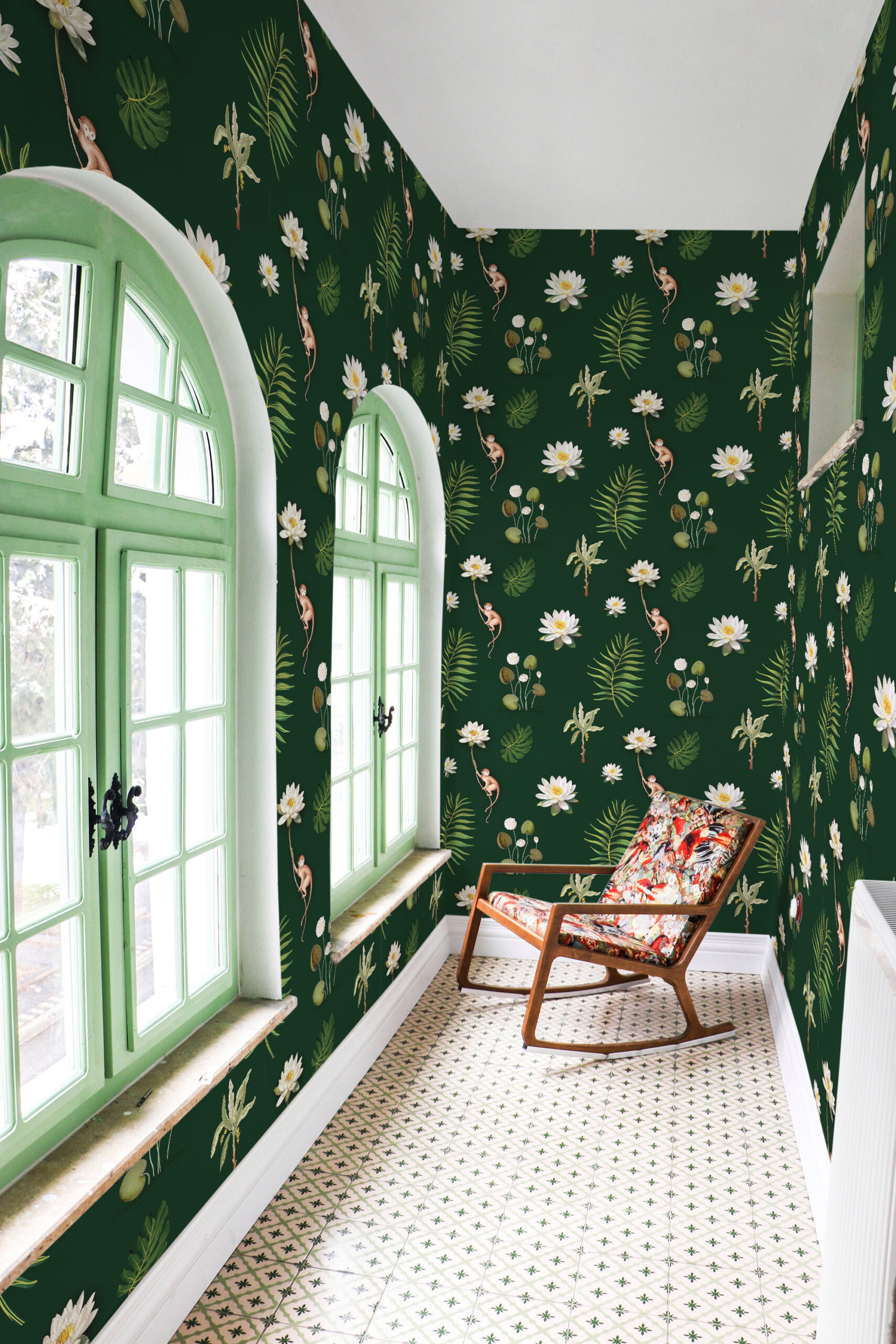 Monkey and White Lotus pre-pasted wallpaper featuring palm fronds, waterlilies, and small monkeys on a deep green background.