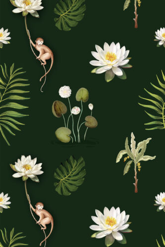Monkey and White Lotus removable wallpaper with monkeys on vines, white water lilies, and tropical leaves on deep green.