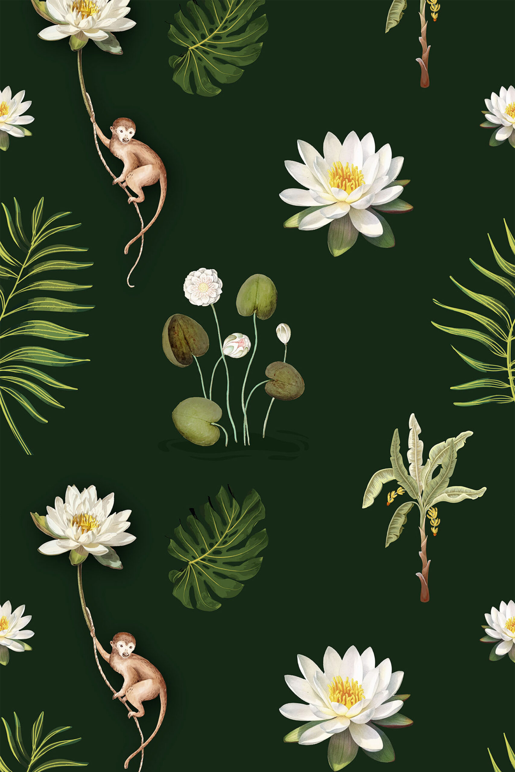 Monkey and White Lotus removable wallpaper with monkeys on vines, white water lilies, and tropical leaves on deep green.