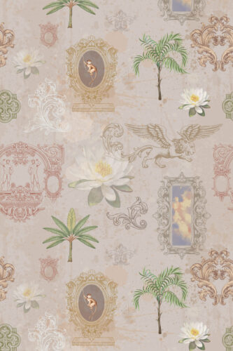 Whimsical Beige Lotus removable wallpaper with scattered lotus blooms, palms, ornate frames, and vintage sketches on a beige ground.