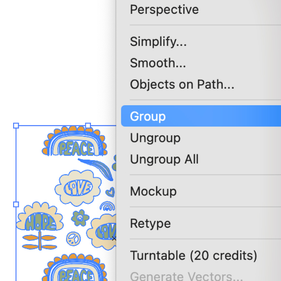 Step two to create a repeating pattern in illustrator is to group the elements together so they dont move
