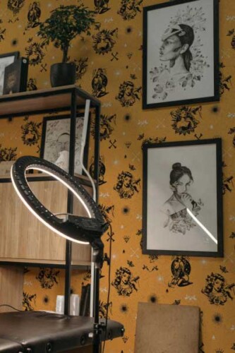 Bold and expressive peel and stick, non-pasted and pre-pasted wallpaper collection for Tattoo Salon