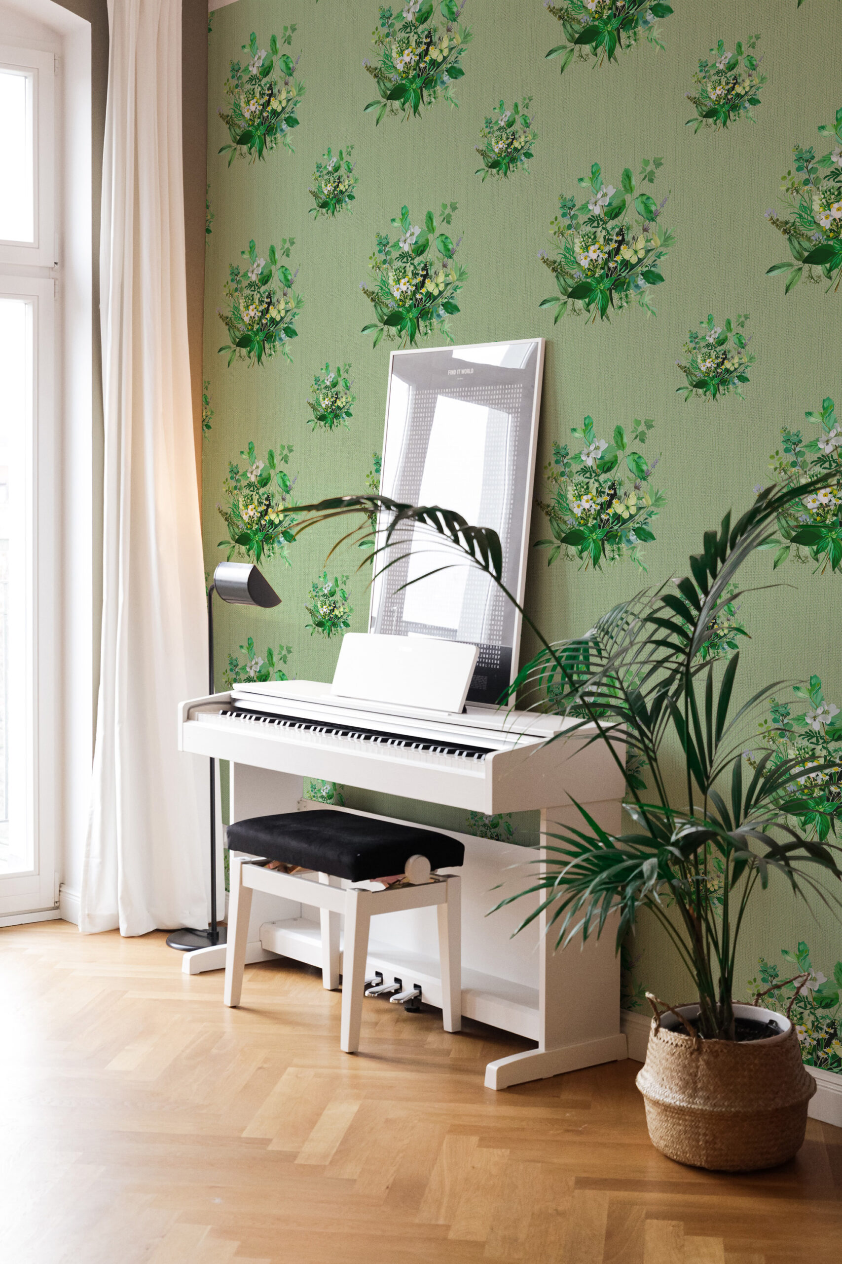 Grasscloth Look Floral peel and stick wallpaper with scattered green bouquets, shown as a full wall behind a white piano.