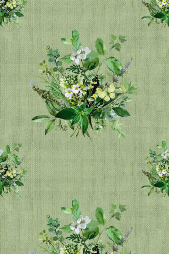 Grasscloth Look Floral removable wallpaper with scattered green leaf bouquets, white wildflowers, and pale butterflies on sage.