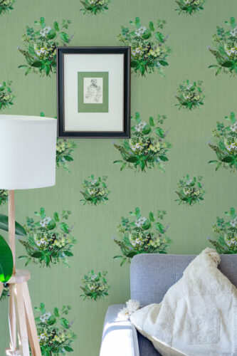 Grasscloth Look Floral peel and stick wallpaper with scattered green leaf bouquets and white blossoms behind a framed print.