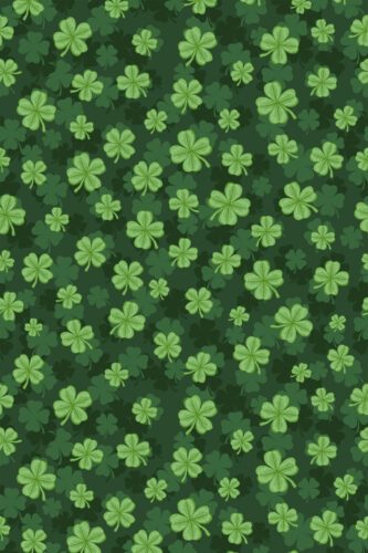 Four Leaf Clover removable wallpaper with scattered light green shamrocks over a deep green background.