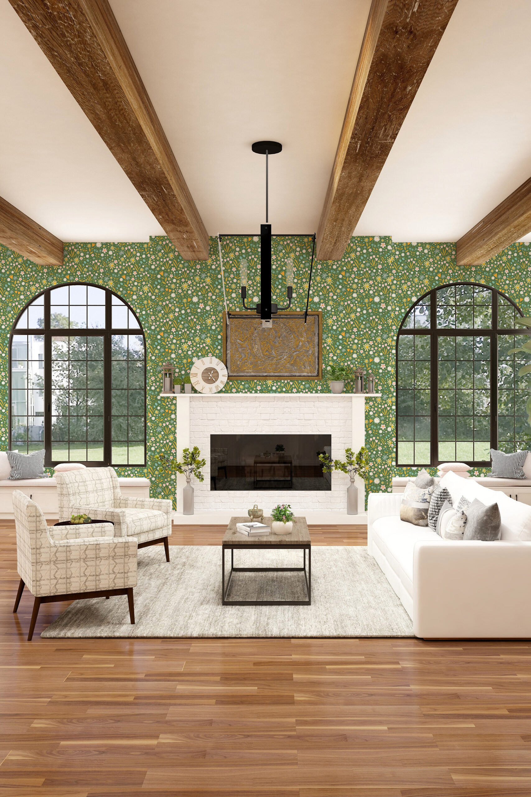 Playful Floral pre-pasted wallpaper with tiny daisies and tulip buds covering a living room wall around arched windows.