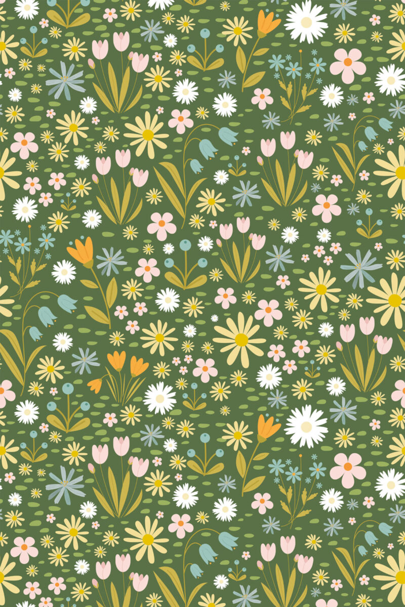 Colorful wallpaper with daisies, tulips, and meadow flowers