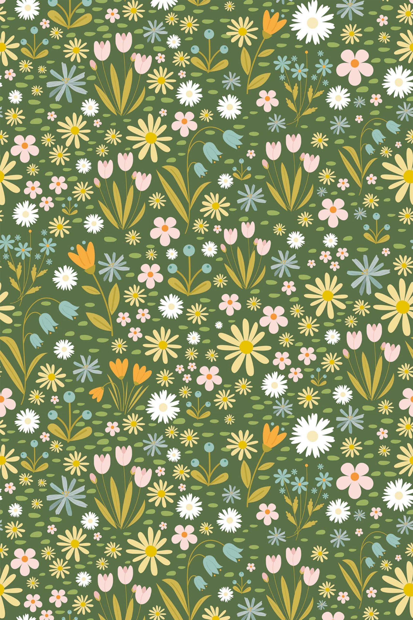 Playful Floral shows removable wallpaper with scattered daisies, tulips, and tiny blossoms on an olive green background.