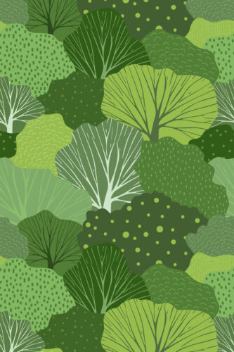 Whimsical Tree removable wallpaper with overlapping leafy tree canopies in varied green tones and dotted textures.