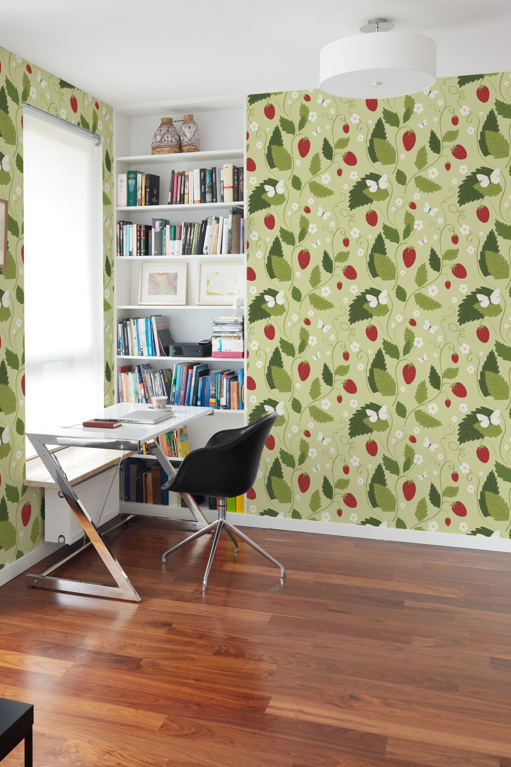 Cute, whimsical, self-adhesive wallpaper with red strawberries, green leaves, white blossoms, and butterflies on pale green walls.