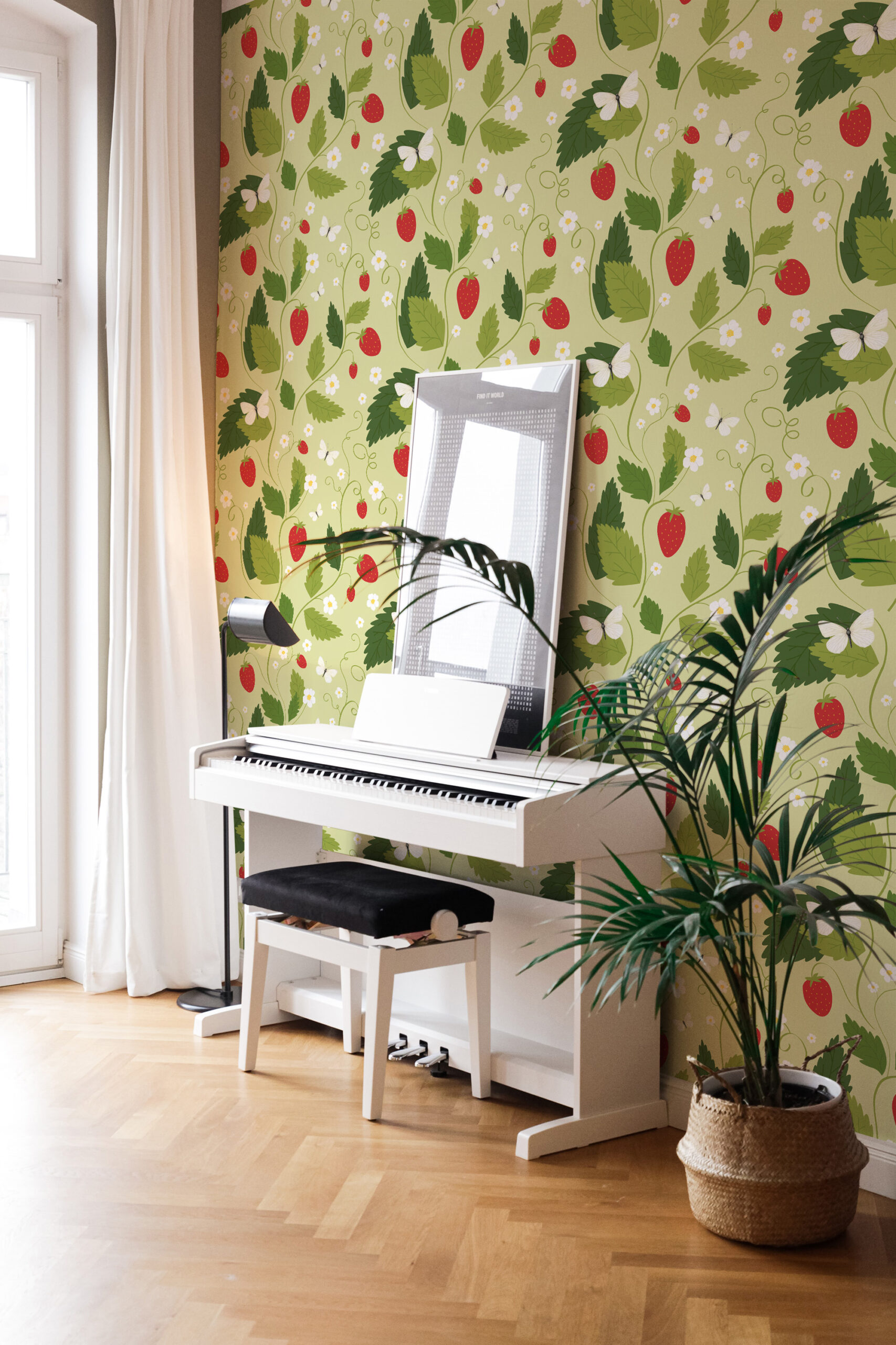 Cute, whimsical, strawberry non-pasted wallpaper with red strawberries, leafy vines, tiny white flowers, and butterflies.