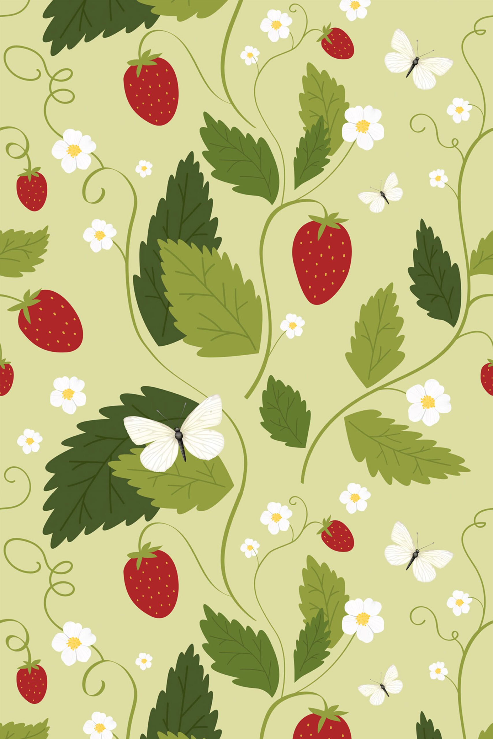 Cute Whimsical Strawberry removable wallpaper with red strawberries, green leaves, white blossoms, and fluttering butterflies on pale green.