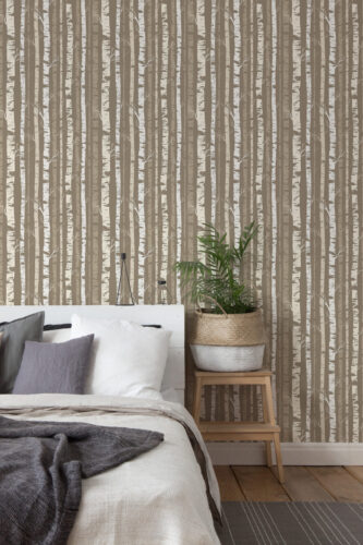 Dense Beige Birch Tree peel and stick wallpaper with layered vertical birch trunks as a full-wall backdrop in a bedroom.