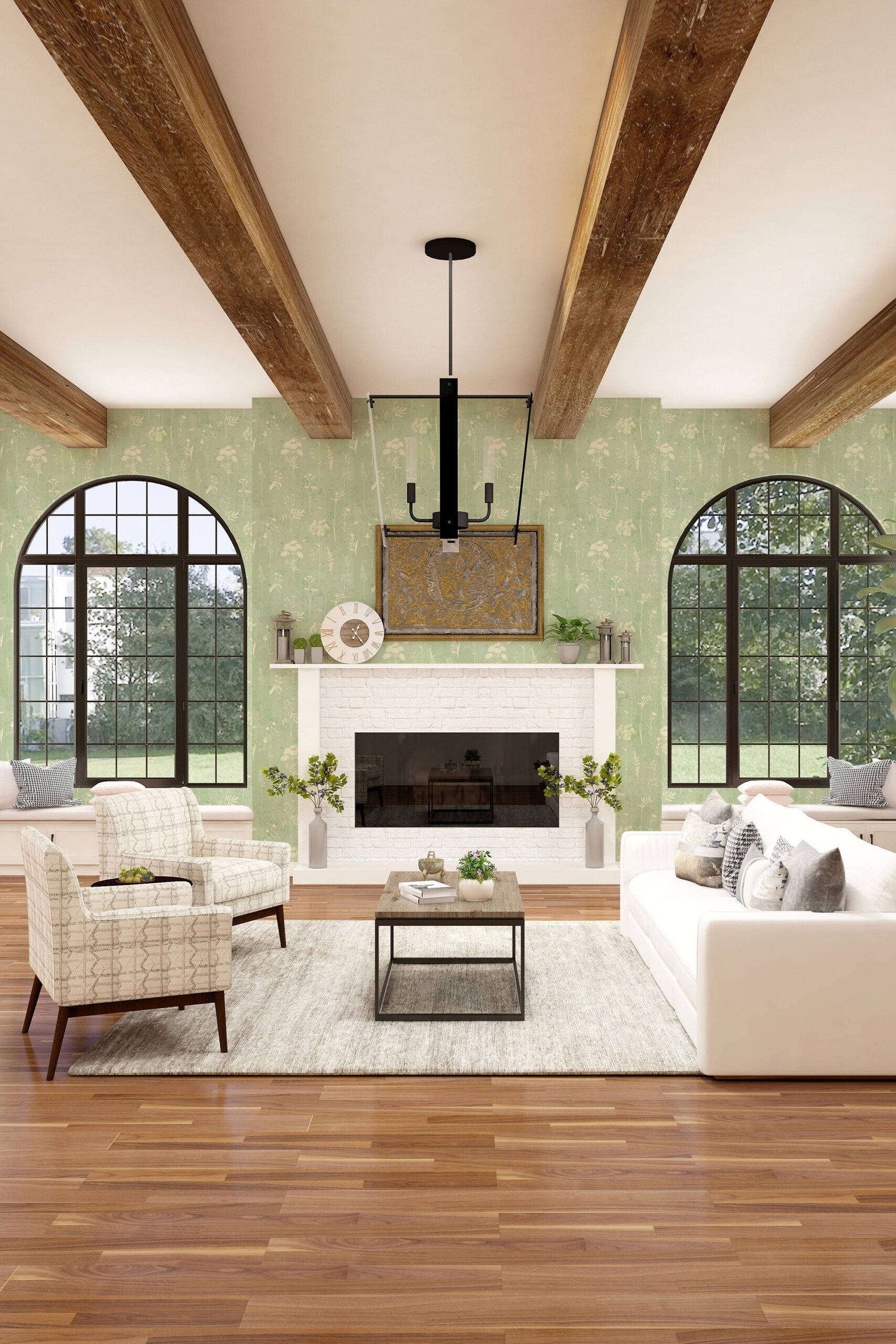 Delicate Sage Wildflower pre-pasted wallpaper with a soft wildflower print covering the living room walls around the fireplace.