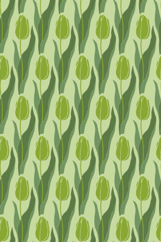 Seamless Green Tulip removable wallpaper with repeating tulip buds and long leaves in layered green tones on a pale background.