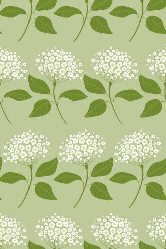Delicate Green Floral removable wallpaper with white flower clusters and leafy stems on a soft green background.