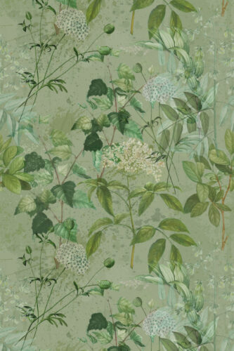 Dreamy Sage Botanical removable wallpaper with layered sage-green leaves and delicate white flower clusters on a speckled ground.