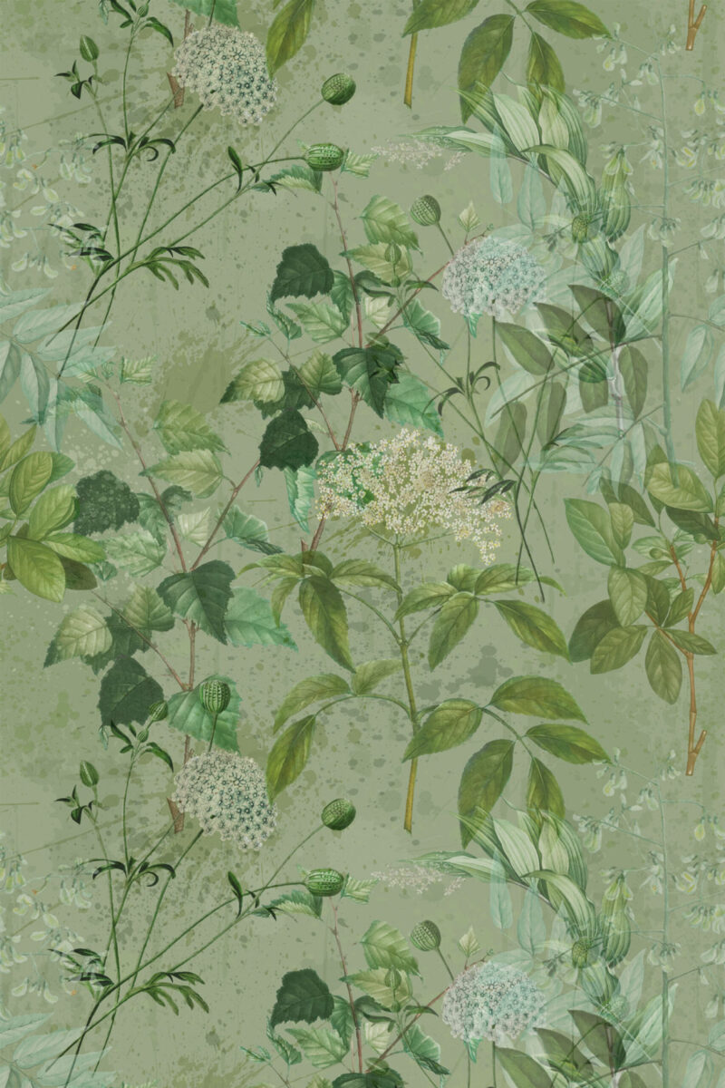 Soft green botanical wallpaper with watercolor leaves and wildflowers
