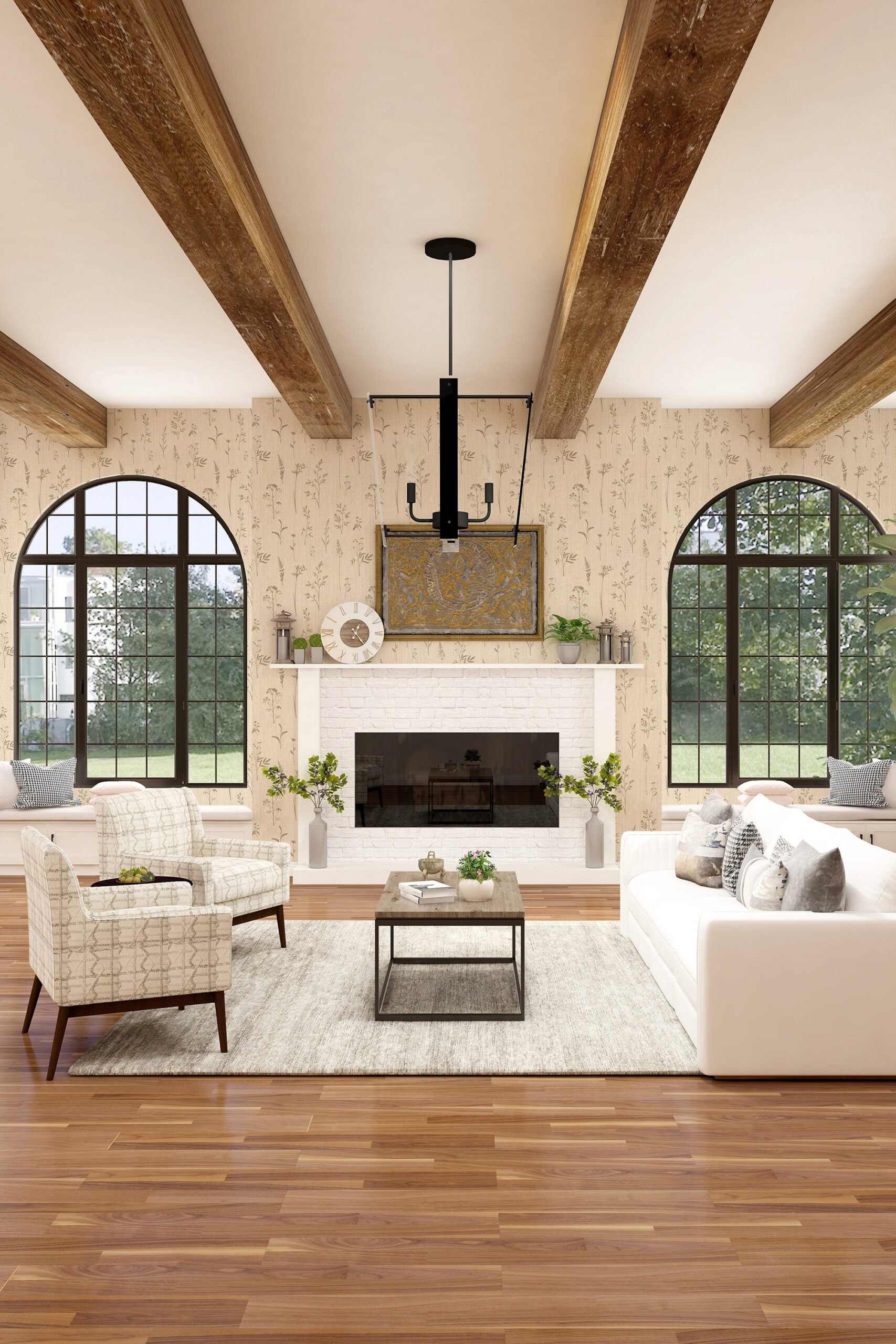 Grasscloth Look Wildflower self-adhesive wallpaper in a living room, surrounding arched windows and a white fireplace.