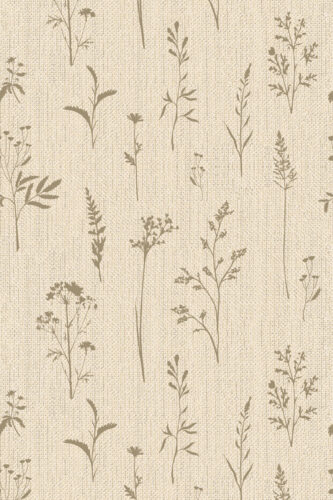 Grasscloth-Look Wildflower with scattered taupe wildflower stems on a woven-look ground, as removable wallpaper.