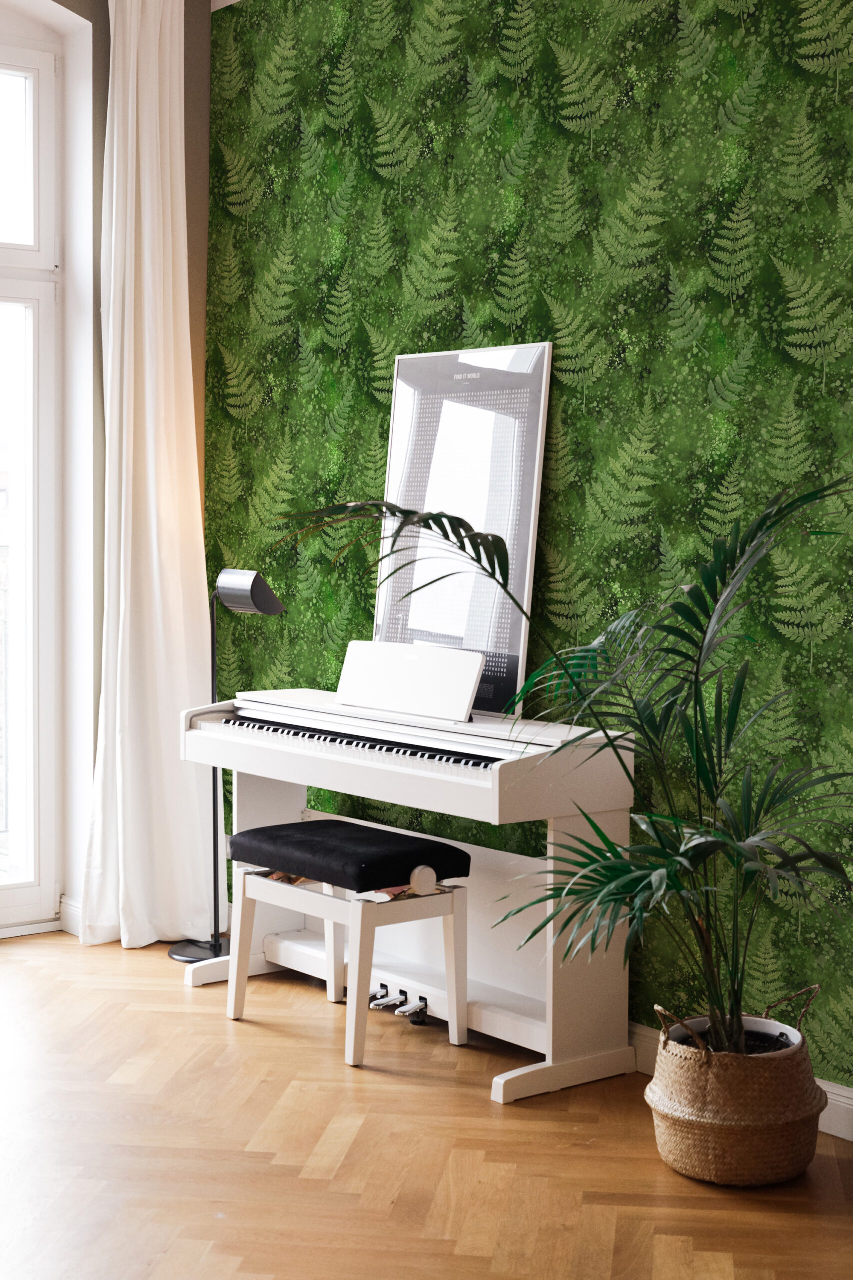 Green Moss and Fern pre-pasted wallpaper covering a wall in a music room behind a white digital piano.