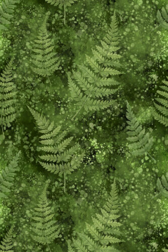Green Moss and Fern removable wallpaper featuring overlapping fern fronds on a speckled deep-green background.