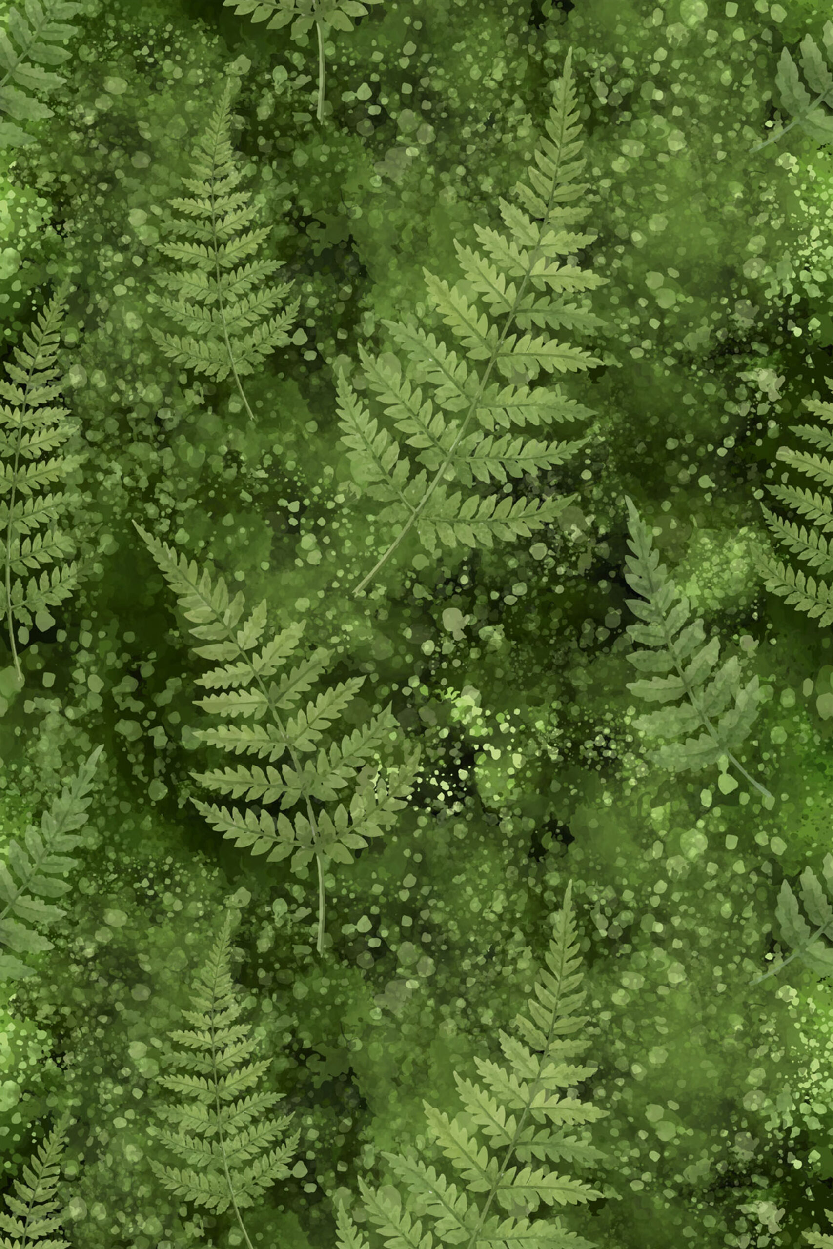 Green Moss and Fern removable wallpaper featuring overlapping fern fronds on a speckled deep-green background.