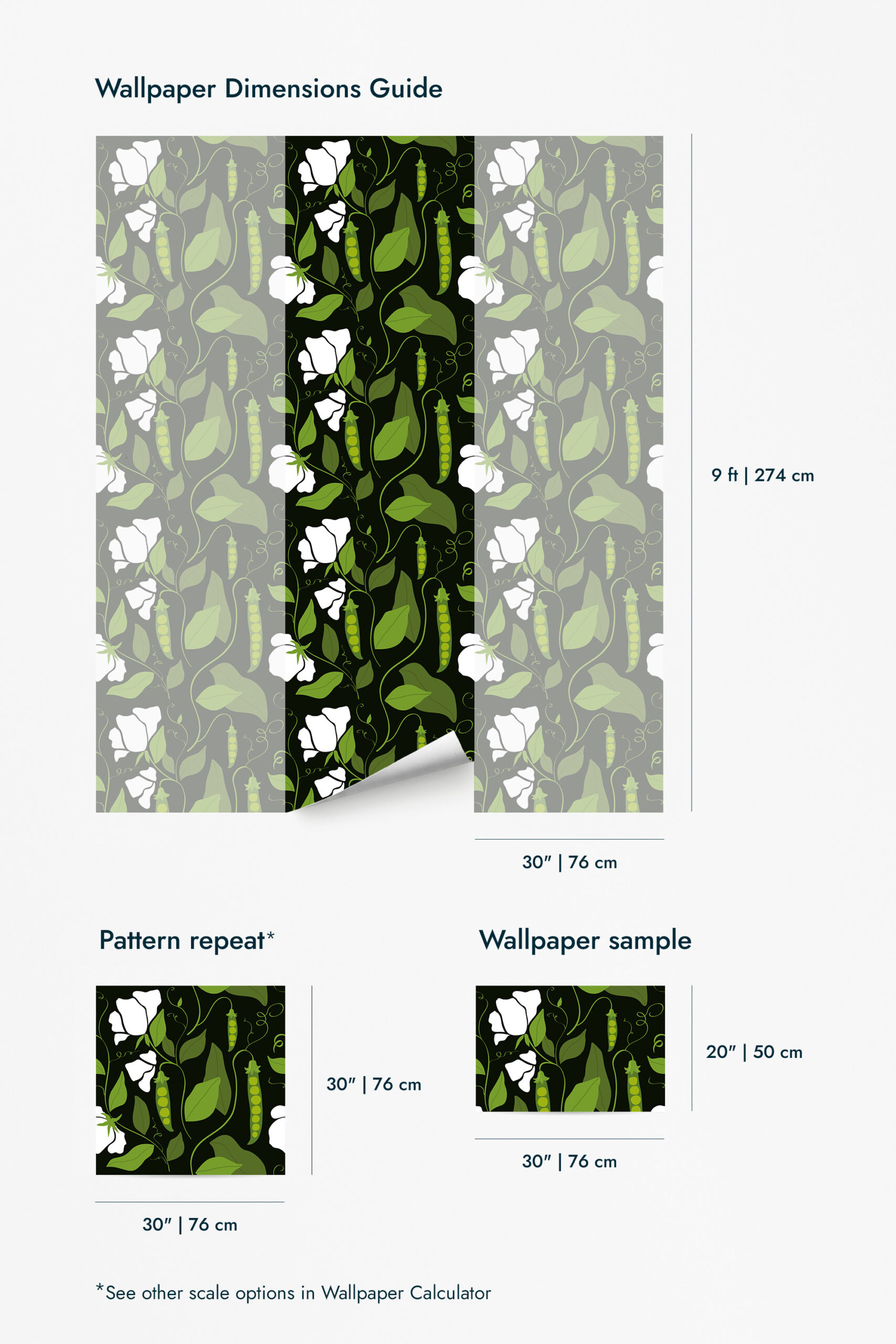 Bold Pea Pod wallpaper for walls shown in a dimensions guide with green leaves and pea pods on a black background.