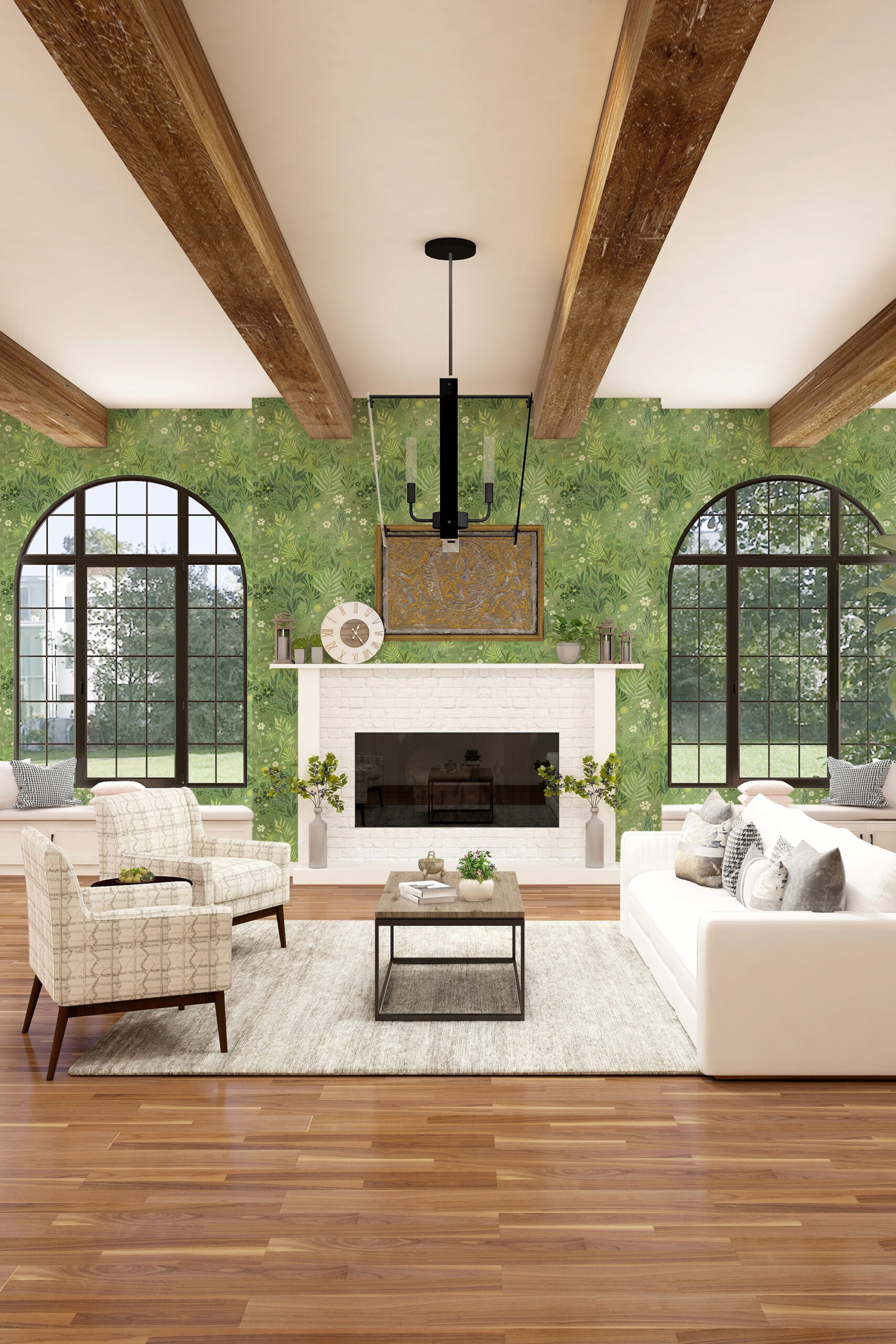 Green Whimsical Wildflowers covers the living room wall in pre-pasted wallpaper around the fireplace and arched windows.
