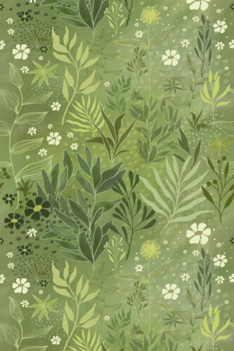 Green Whimsical Wildflowers removable wallpaper with layered green leaves and small white blossoms on a soft green background.
